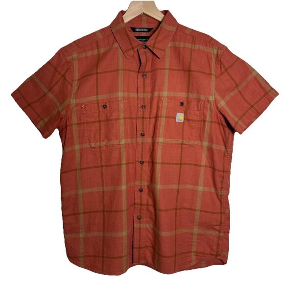 Carhartt Large Relaxed Rugged Flex Button Up Shirt Mens Orange Plaid Workwear - Picture 2 of 14